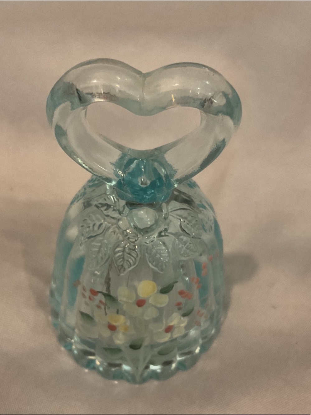 Fenton Aqua Blue Heart-Handled Glass Bell with Hand-Painted Flowers signed